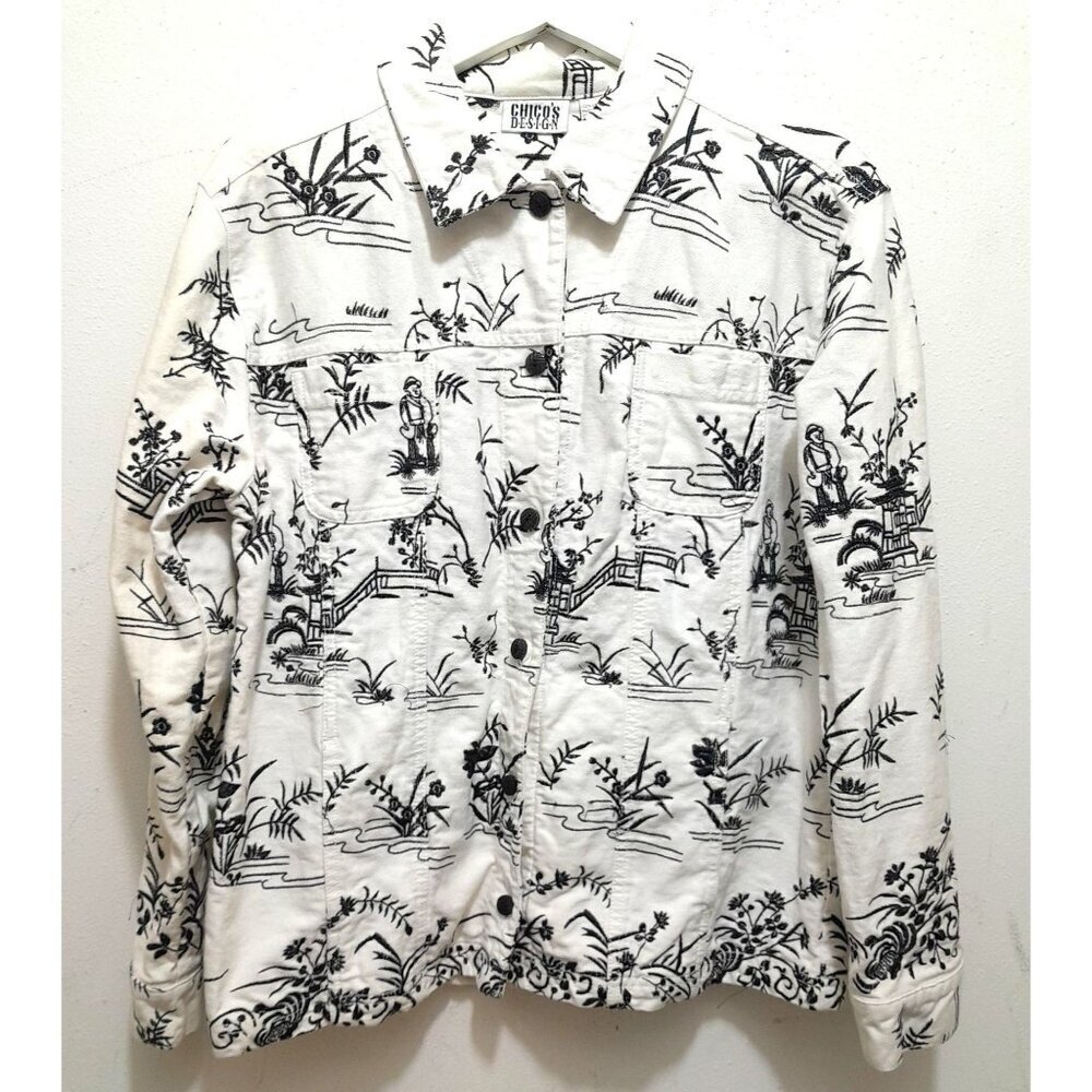 Vintage Chicos Jacket Asian Themed Toile Print Scenic Embroidered Size M